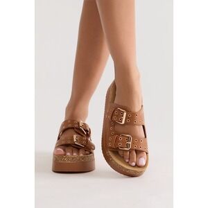 nwt brown chestnut platform buckle chunky wide sandals beach travel vacation 6